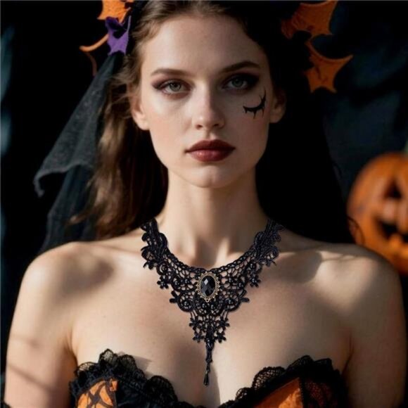 Black Lace Gothic Choker Necklace | Minimalist Retro Witch Jewelry - Picture 1 of 5